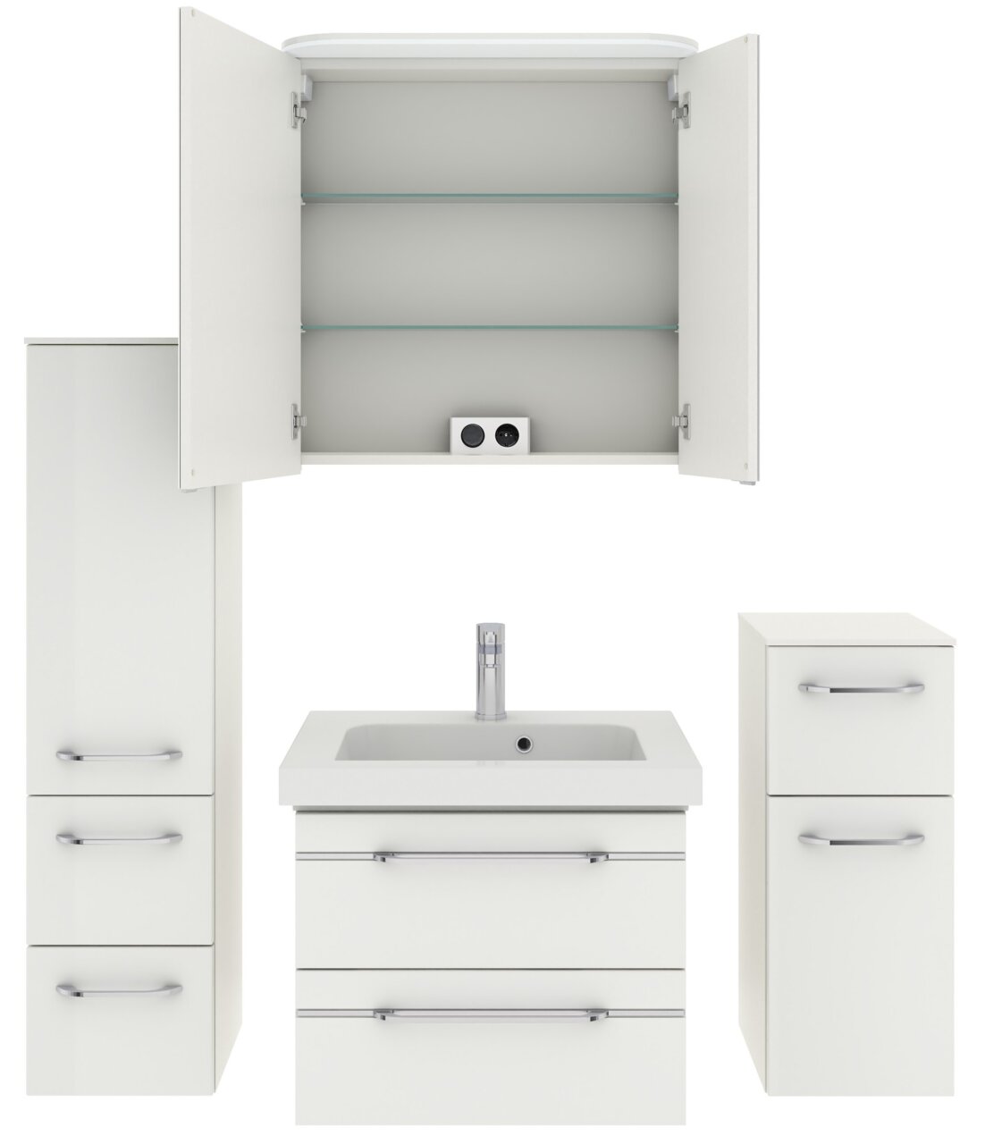 Badezimmermöbel-Set in Weiß, bestehend aus einem Spiegelschrank mit offenen Türen, einem Waschbeckenunterschrank mit integriertem Waschbecken und zwei Schubladen, sowie zwei zusätzlichen Hochschränken. Frontalansicht.
