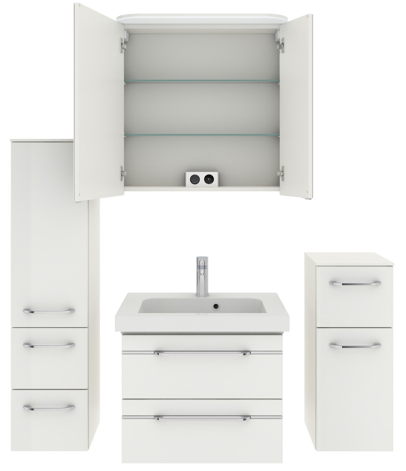 Badezimmermöbel-Set in Weiß, bestehend aus einem Spiegelschrank mit offenen Türen, einem Waschbeckenunterschrank mit integriertem Waschbecken und zwei Schubladen, sowie zwei zusätzlichen Hochschränken. Frontalansicht.