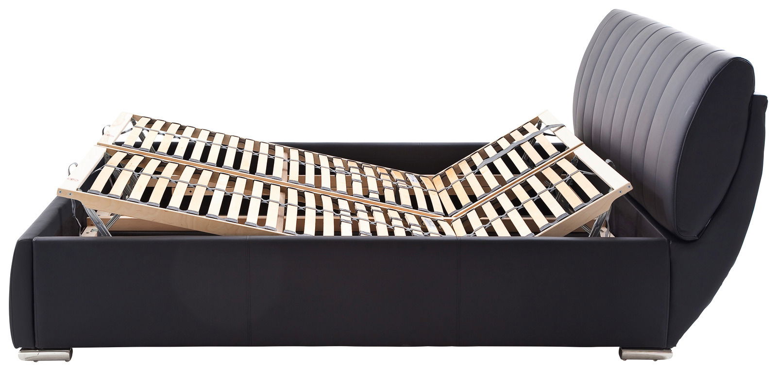 Seitliche Ansicht eines modernen Polsterbetts mit verstellbarem Lattenrost und gepolstertem Kopfteil.