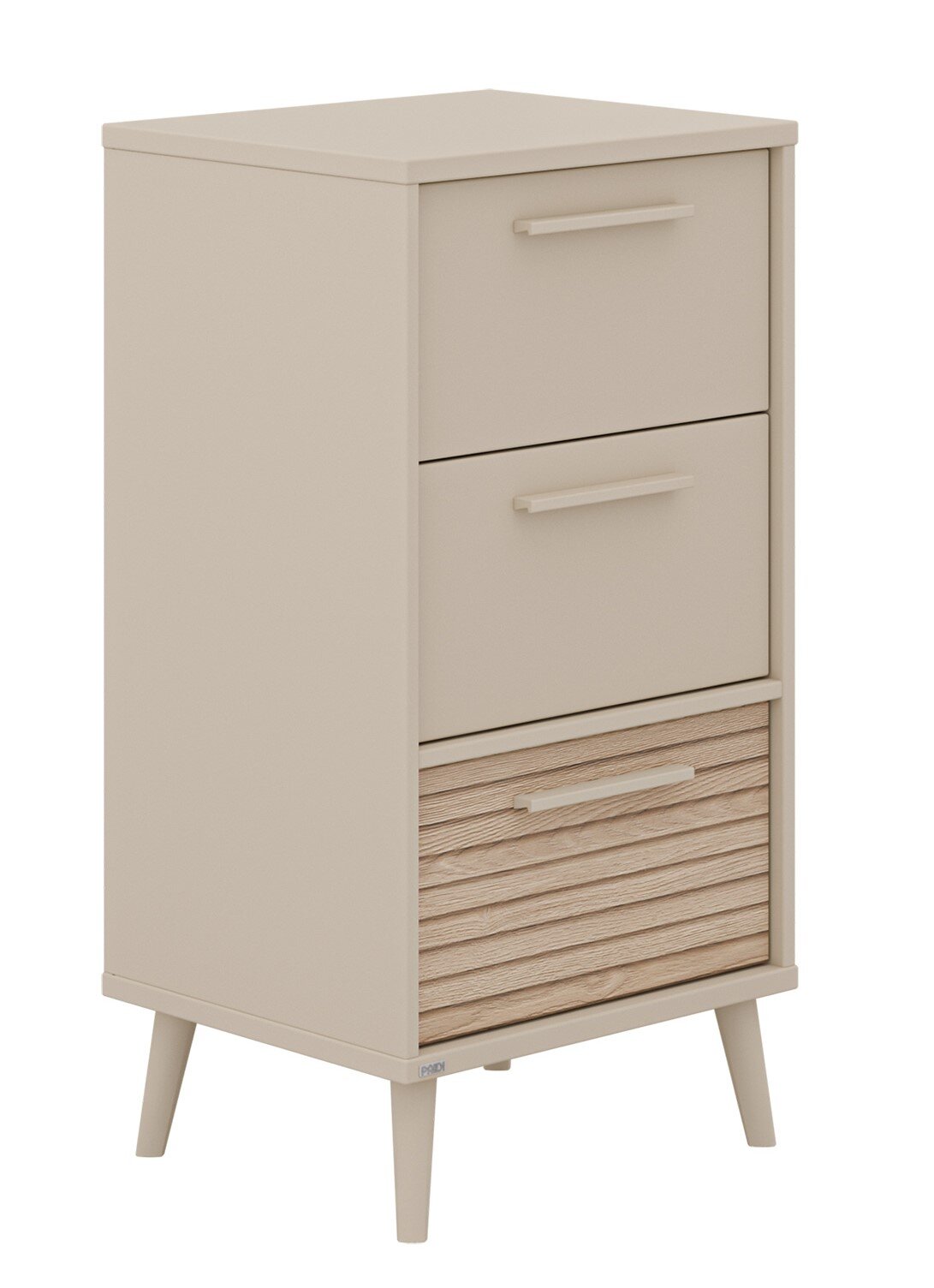 Paidi Kommode EEFJE Beige Kommode mit drei Schubladen, davon eine mit Holzoptik, aus schräger Perspektive fotografiert