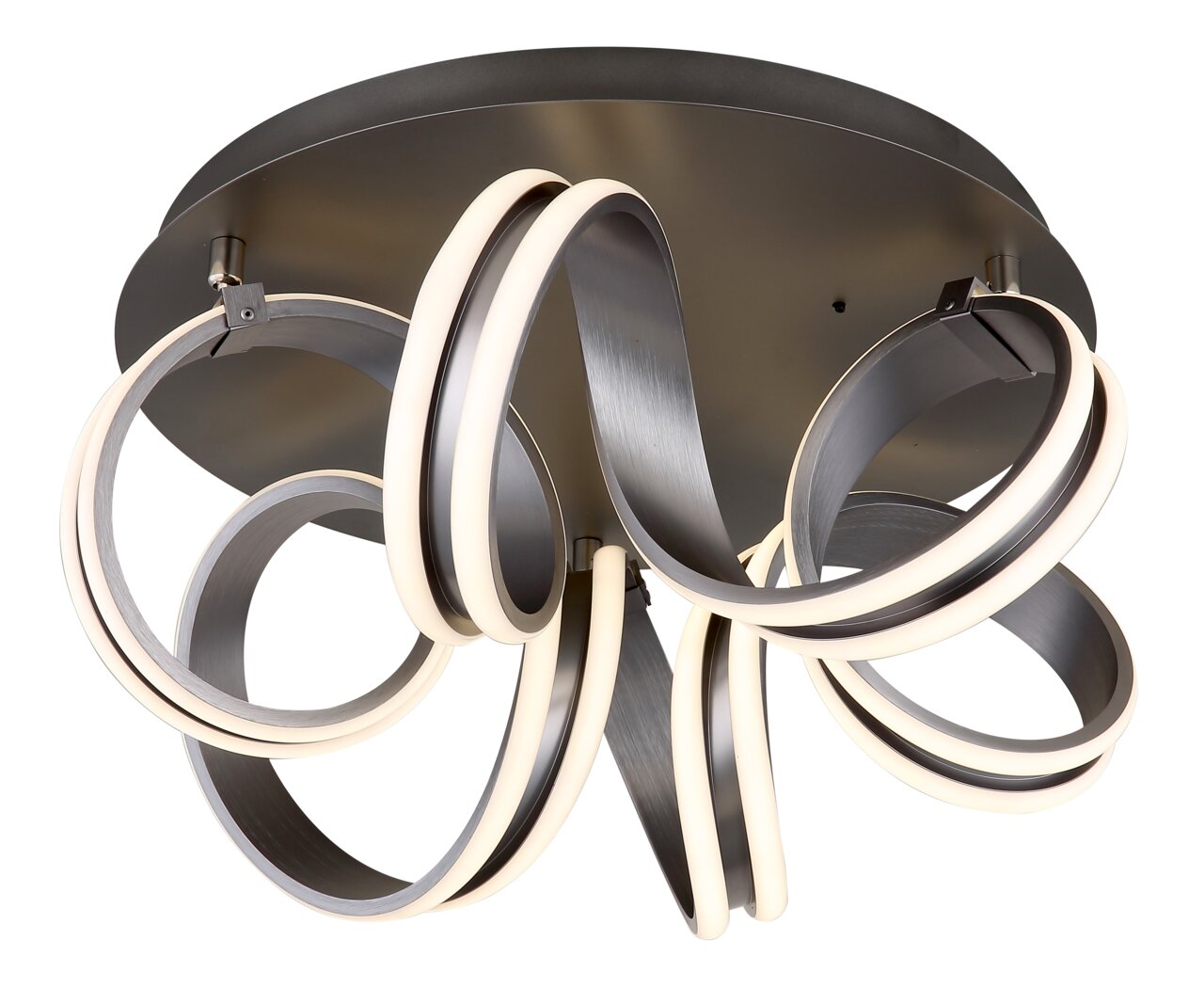 Moderne plafondlamp KUNI met gebogen led-lichtstrips, gezien van onderaf.