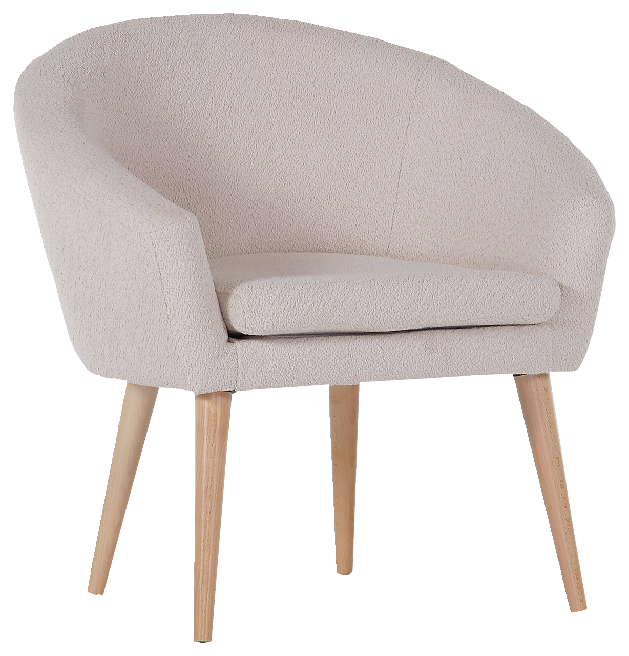 Moderner cremefarbener Sessel mit Holzbeinen, Vorderansicht