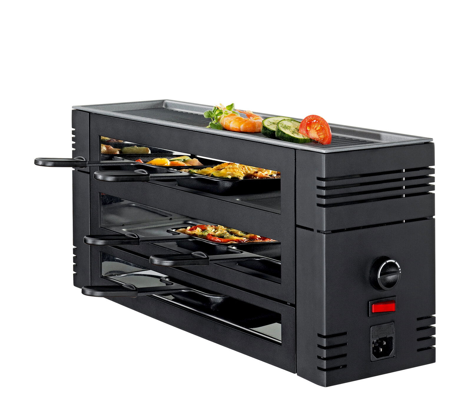 Seitliche Perspektive auf ein schwarzes Pizza-Raclette-Gerät mit mehreren Ebenen und Pfännchen, oben mit Gemüse und Garnelen dekoriert.
