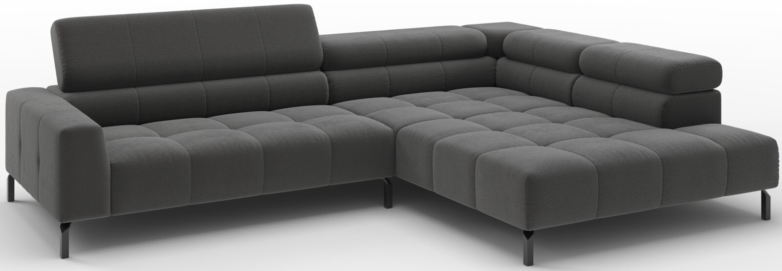 Donkergrijze L-vormige hoekbank met chaise longue rechts, gestoffeerd met ribstructuur en blokstiksel, op slanke zwarte poten, getoond in schuin vooraanzicht