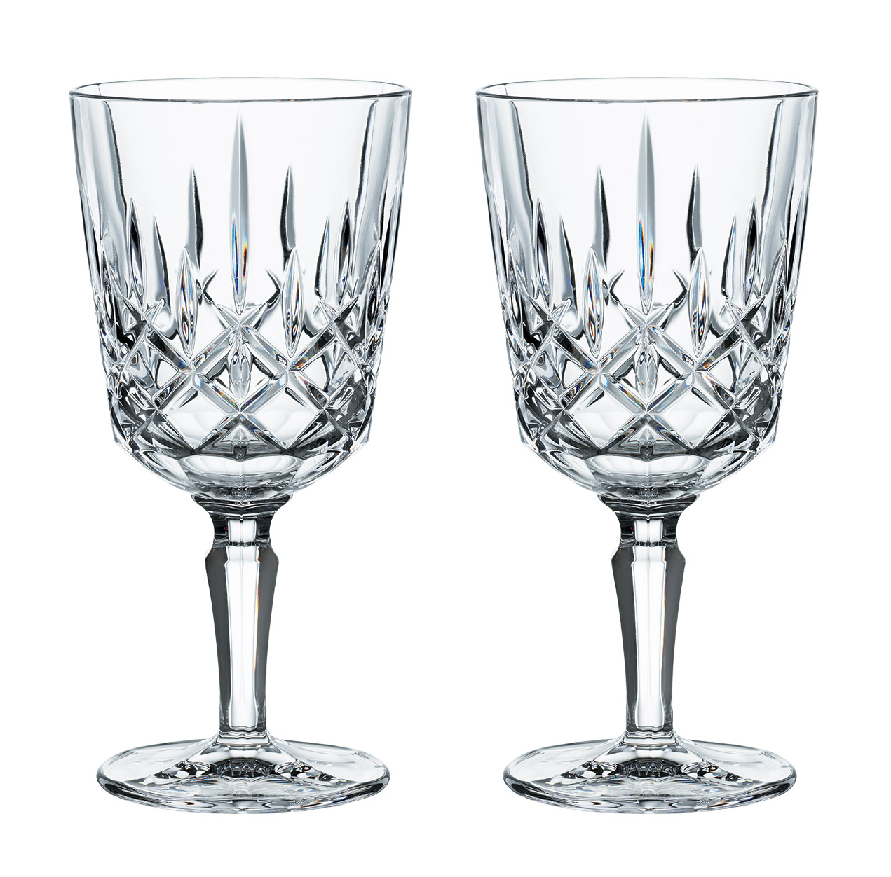 Zwei elegante Kristallgläser mit facettiertem Design, frontal abgebildet.