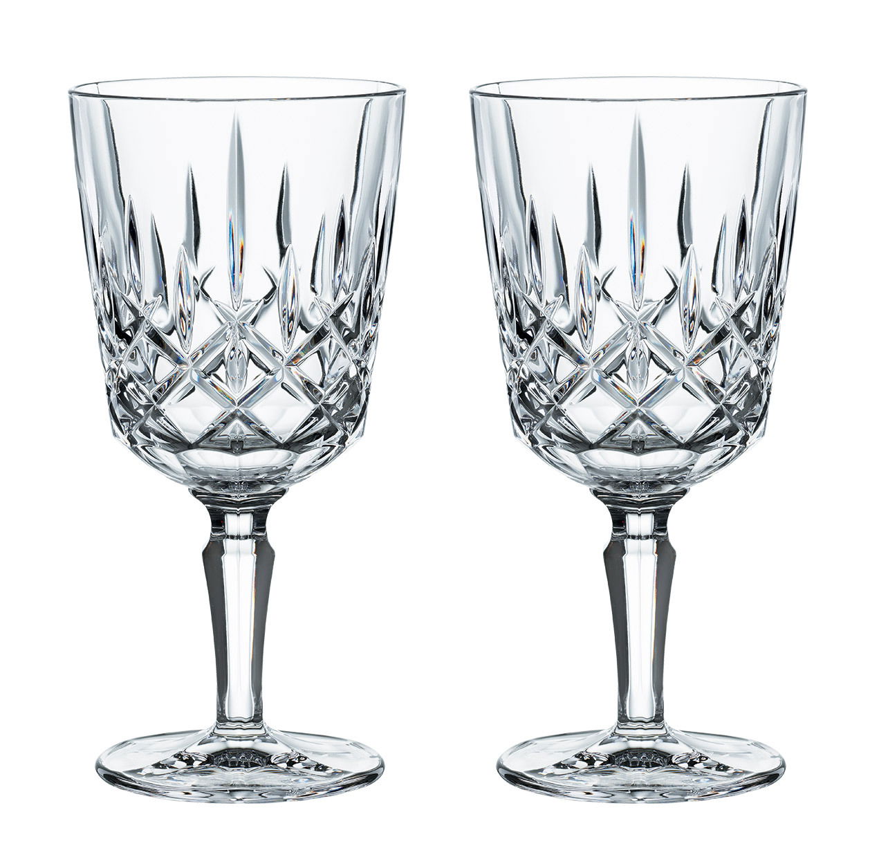 Zwei elegante Kristallgläser mit facettiertem Design, frontal abgebildet.