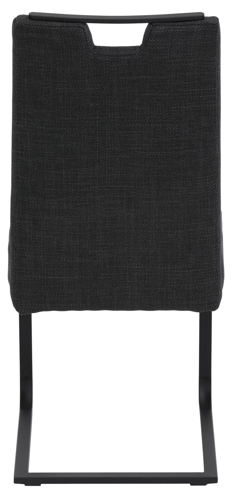 Rückansicht eines modernen Schwingstuhls mit schwarzem Stoffbezug und Metallgestell.