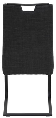 Rückansicht eines modernen Schwingstuhls mit schwarzem Stoffbezug und Metallgestell.