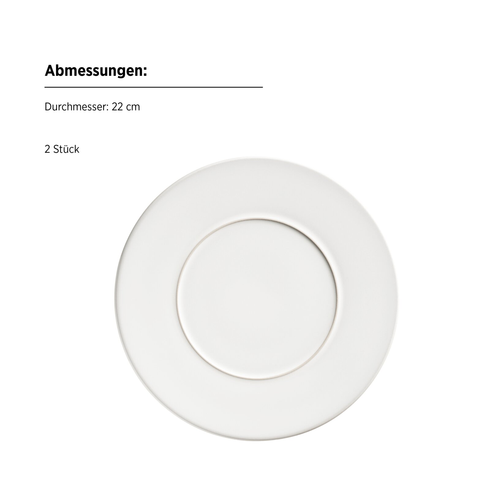 Weißer runder Porzellan-Teller im 2er-Set (Durchmesser 22 cm), Draufsicht auf weißem Hintergrund