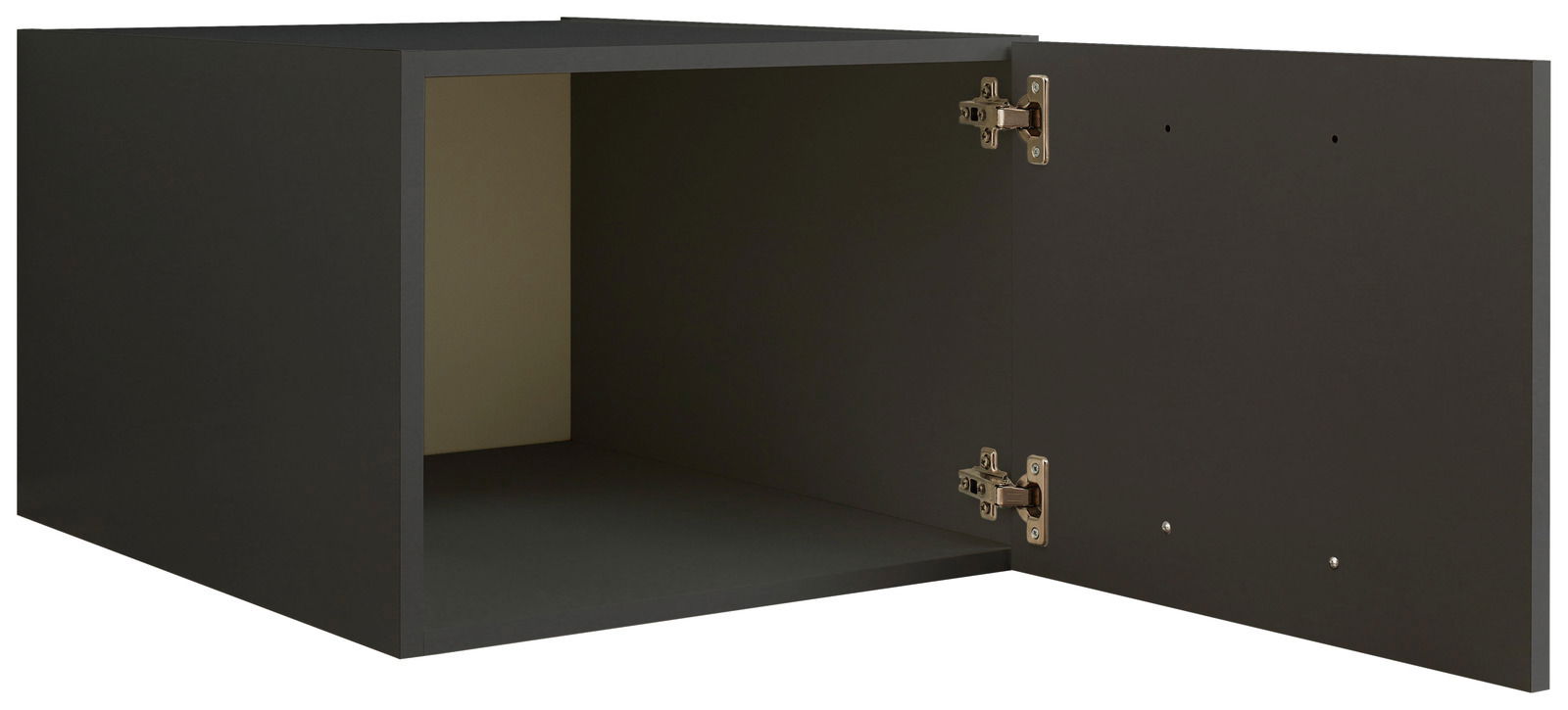 Schwarzer Aufsatzschrank mit geöffneter Tür, seitliche Perspektive