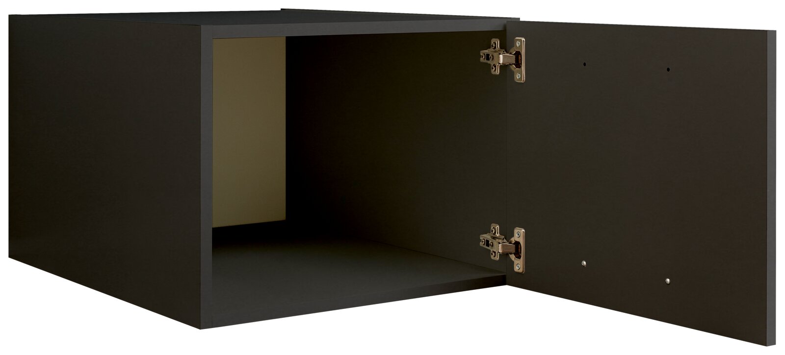 Schwarzer Aufsatzschrank mit geöffneter Tür, seitliche Perspektive