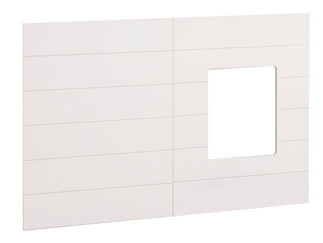 Weiße Fenster- und Wandpaneele mit rechteckiger Aussparung, seitliche Perspektive
