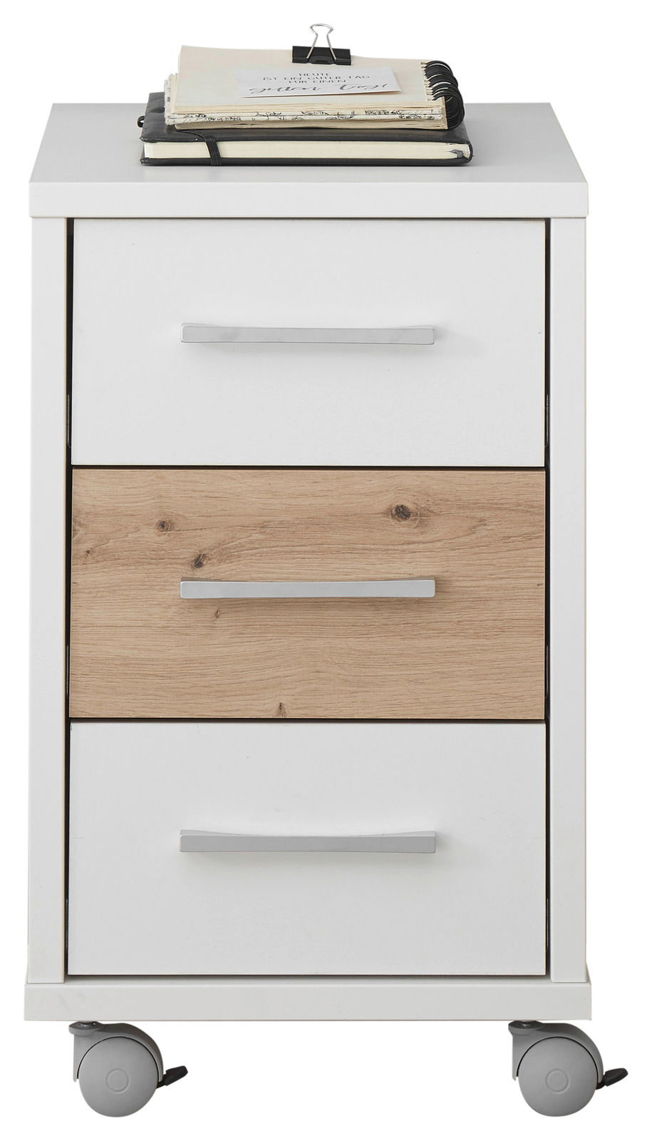 BOXXX Rollcontainer FILOU Rollcontainer mit drei Schubladen, zwei in Weiß und eine in Holzoptik, auf Rollen, frontal fotografiert.