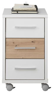 Rollcontainer mit drei Schubladen, zwei in Weiß und eine in Holzoptik, auf Rollen, frontal fotografiert.