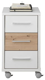 Rollcontainer mit drei Schubladen, zwei in Weiß und eine in Holzoptik, auf Rollen, frontal fotografiert.