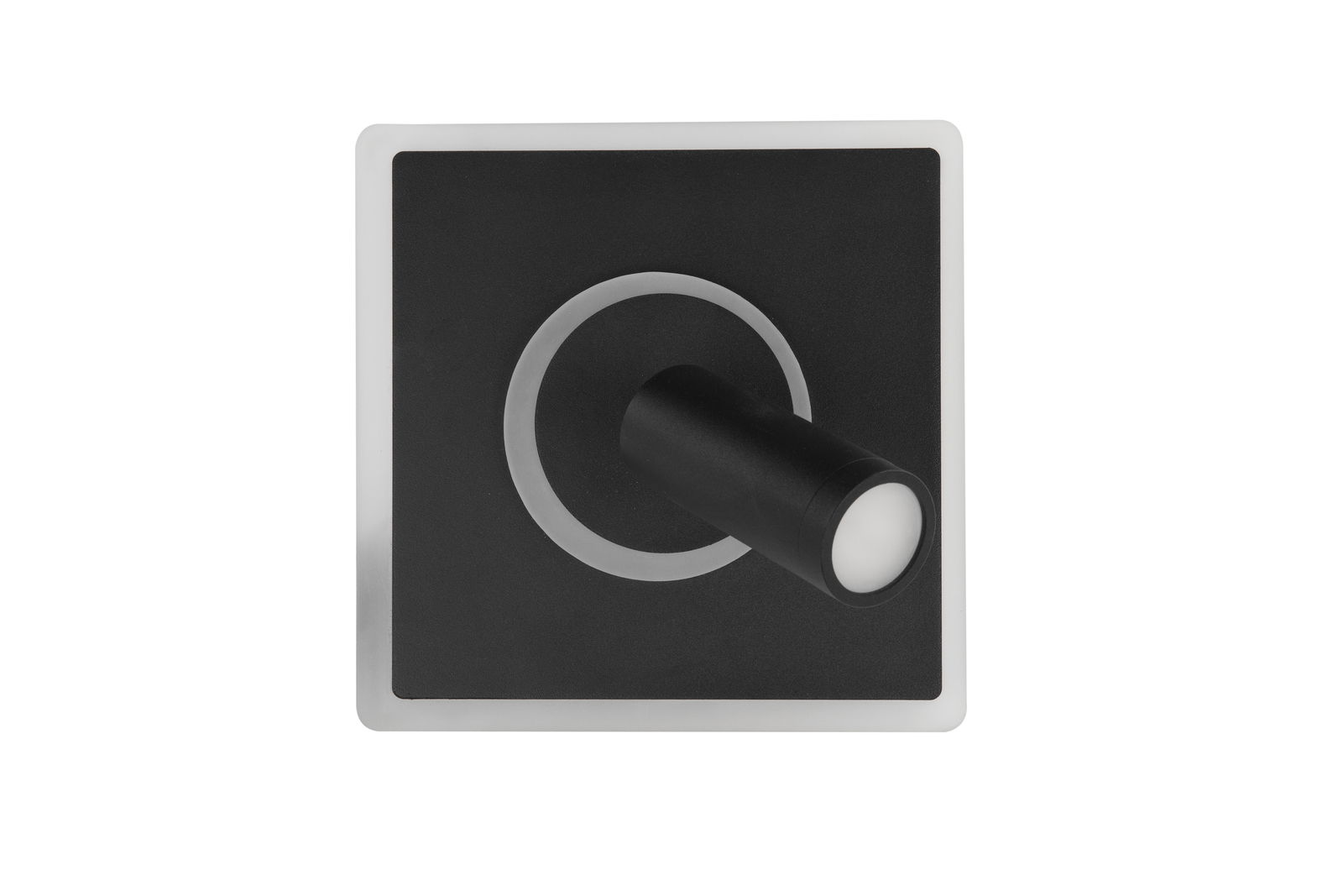 LED-Deckenleuchte Spark in quadratischer Form mit schwarzem Gehäuse und zylindrischem Spot, Ansicht von vorne.