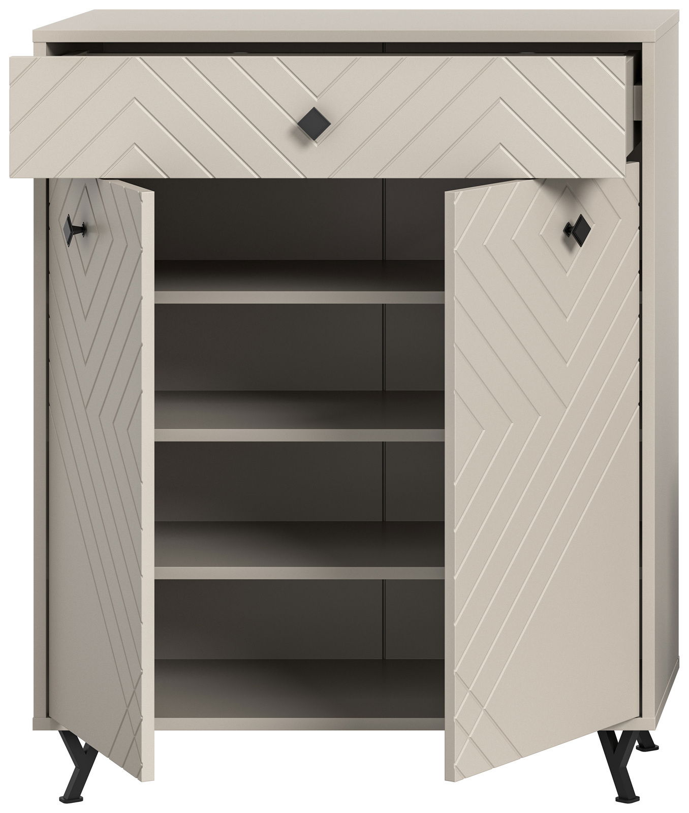 Schuhkommode mit geöffneten Türen und Schublade, Frontansicht