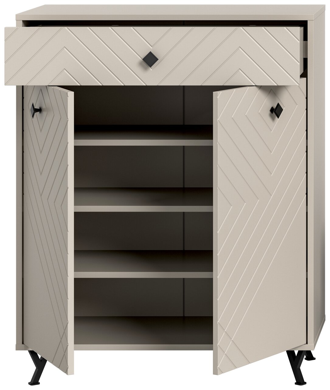 Schuhkommode mit geöffneten Türen und Schublade, Frontansicht