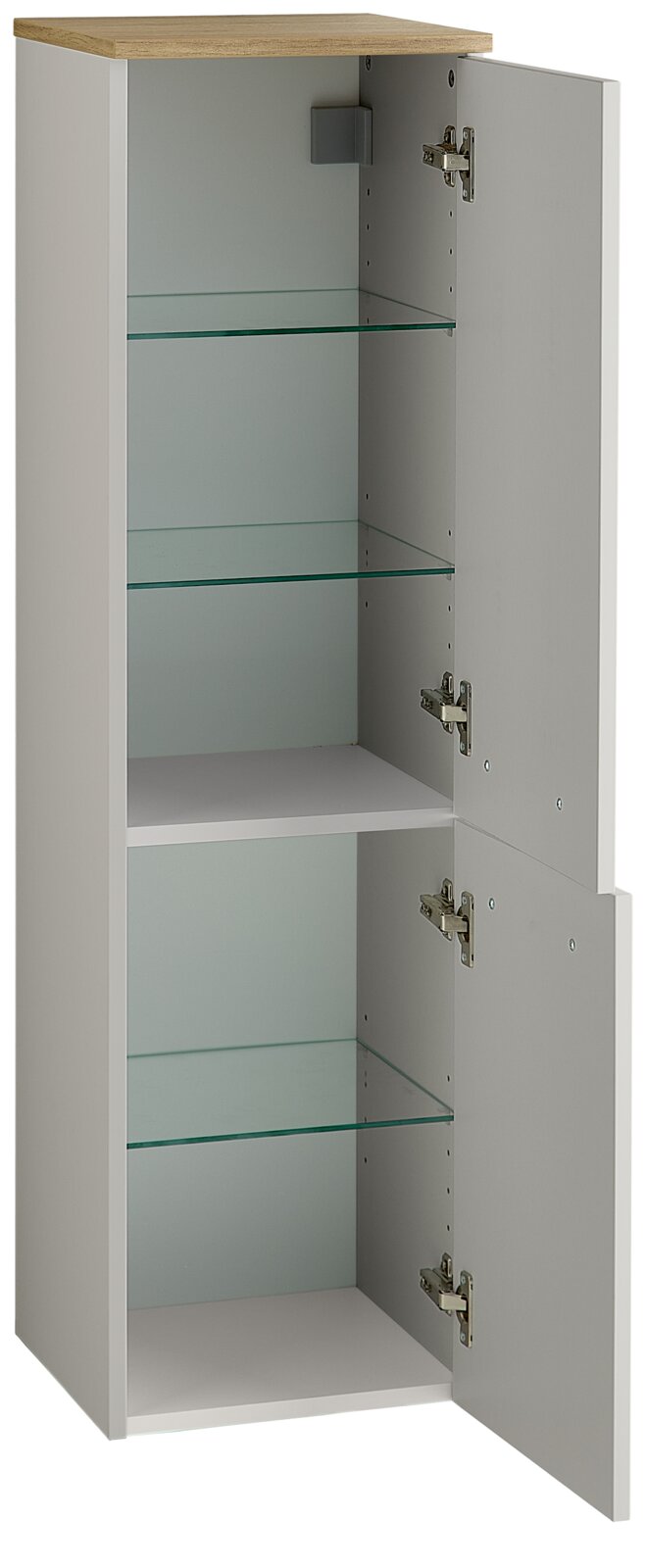 XORA Midi-kast QS500 Smalle witte hoge kast met een afdekplaat in houtlook, twee open deuren en glazen planken, vrijstaand in vooraanzicht met een licht zijdelings perspectief