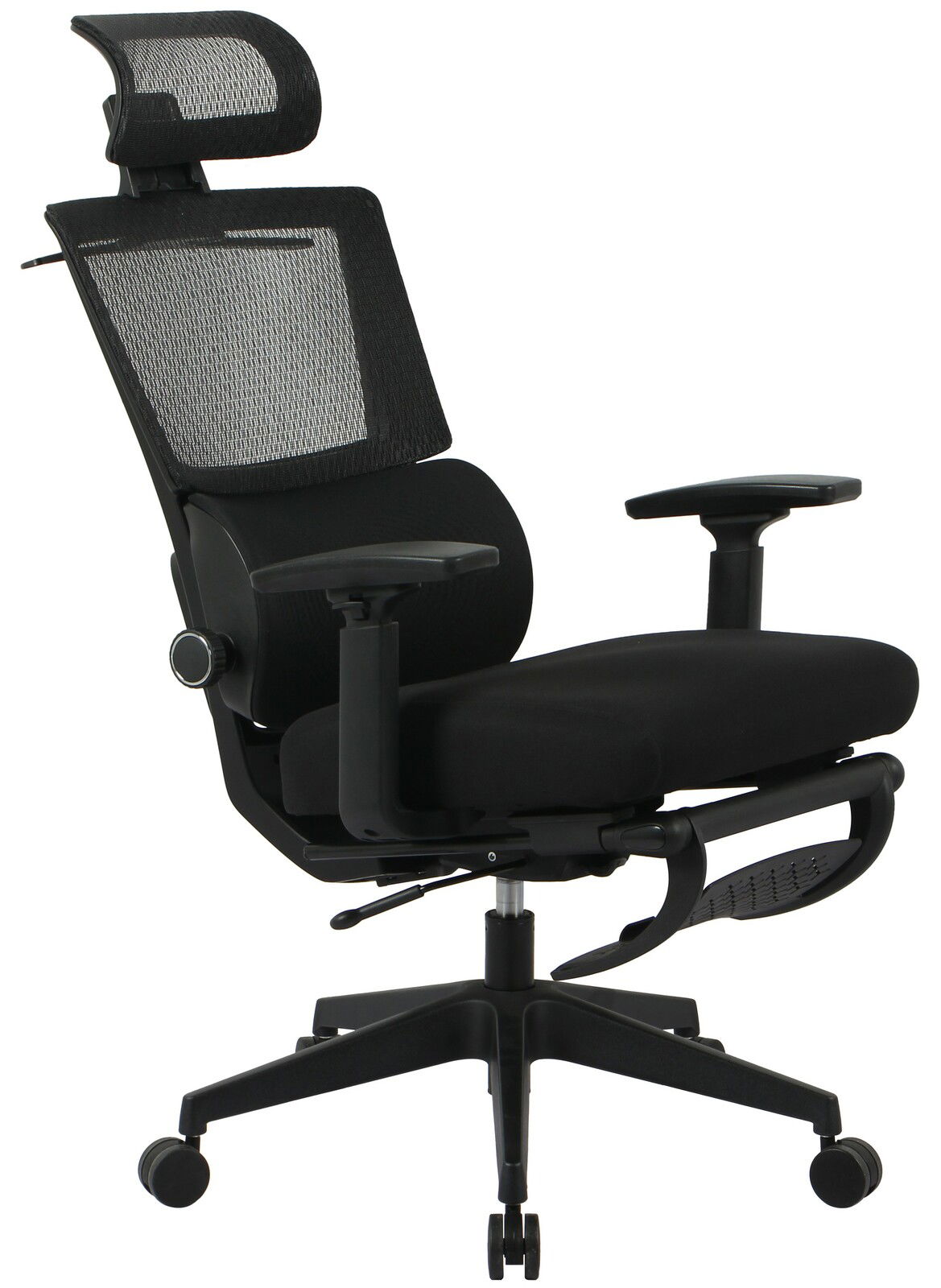 Moderner schwarzer Chefsessel mit Netzrückenlehne und Kopfstütze, seitliche Perspektive