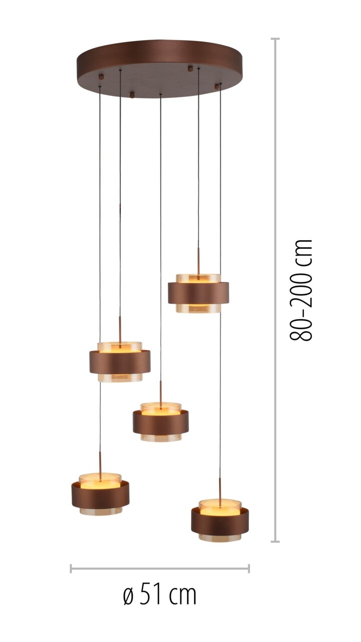 LED-hanglamp met vijf ronde lichtelementen in bruin, gezien van onderaf. In hoogte verstelbaar van 80 tot 200 cm, diameter 51 cm.