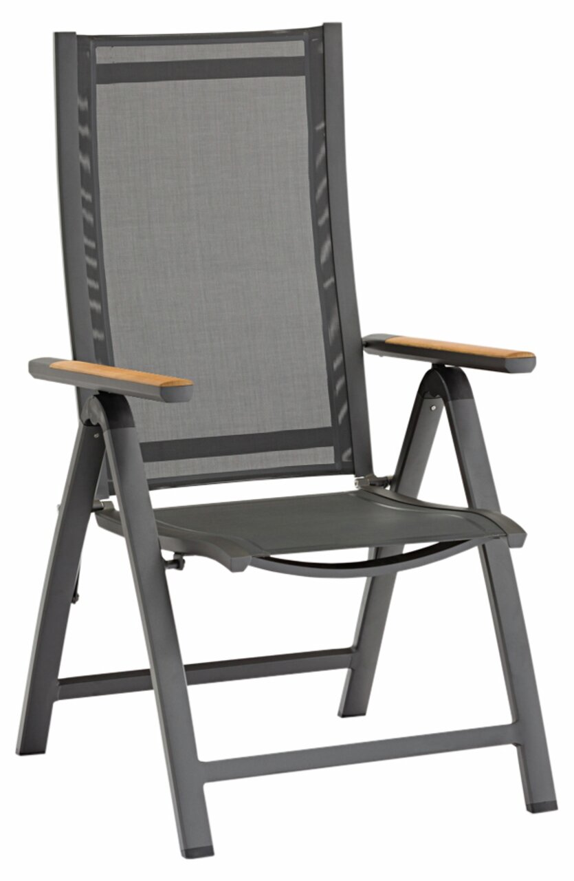 Zebra Klappsessel FLY Moderner Klappsessel mit grauem Metallrahmen und Holzarmlehnen, seitliche Perspektive