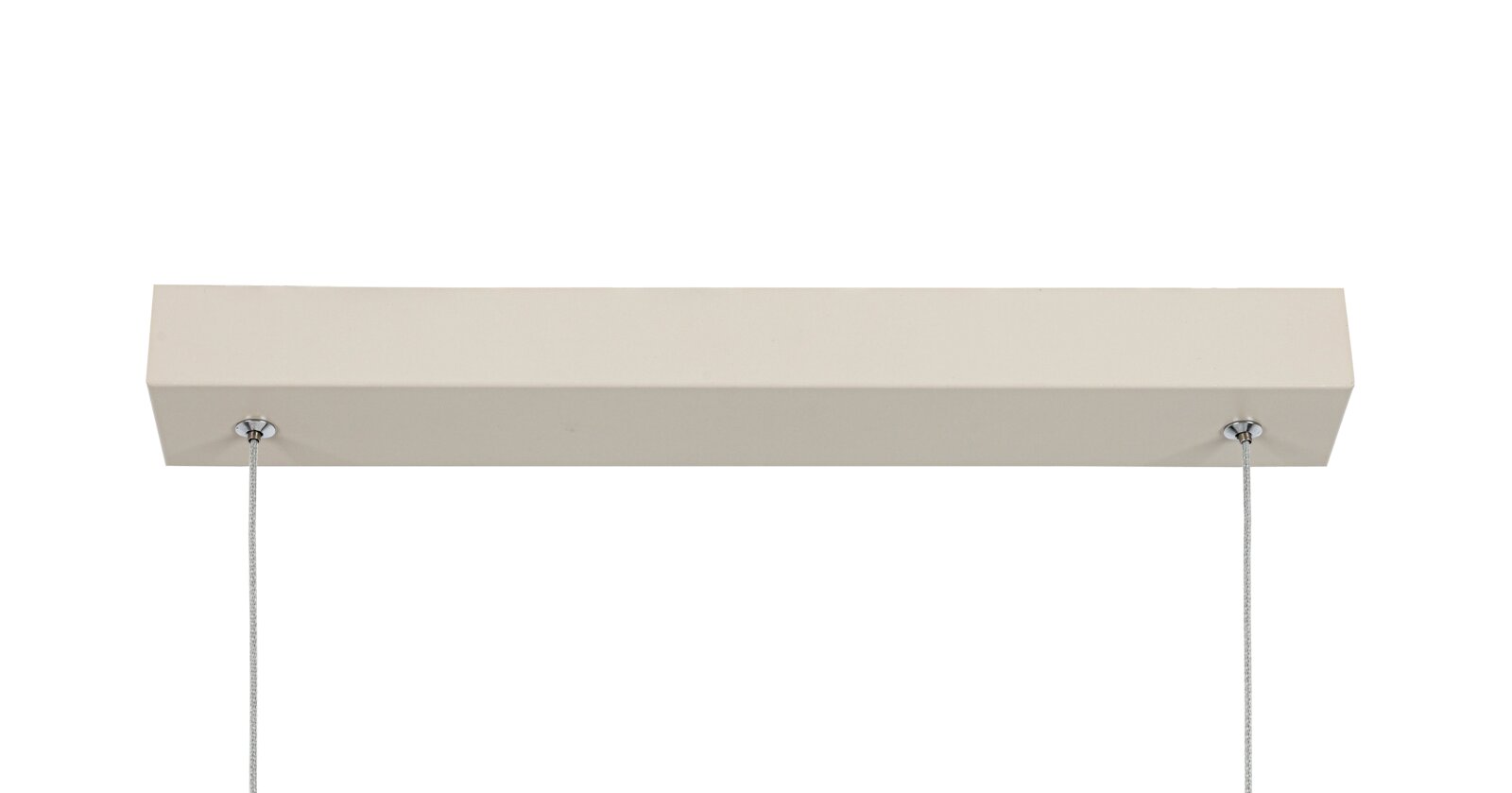 Rechteckige LED-Hängeleuchte von unten betrachtet, mit zwei Aufhängungen an den Enden.