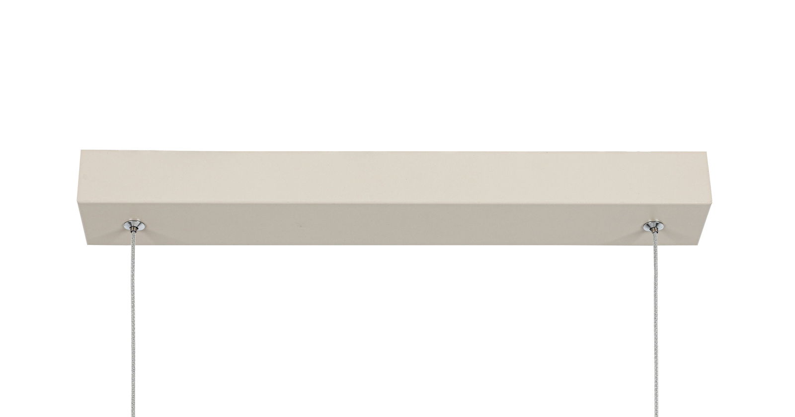 Rechteckige LED-Hängeleuchte von unten betrachtet, mit zwei Aufhängungen an den Enden.