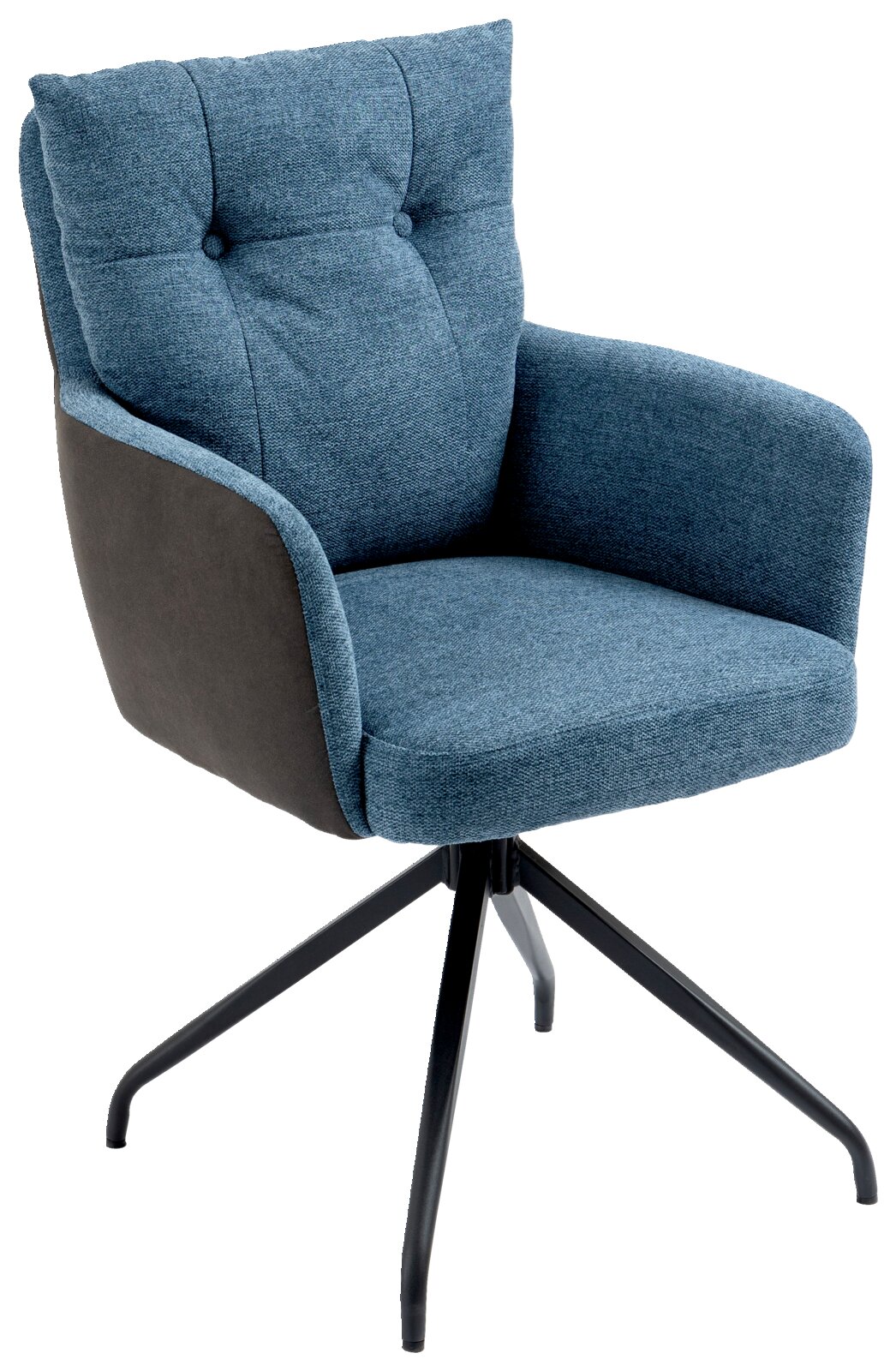 Moderne blauwe fauteuil met zwart metalen frame, zijaanzicht