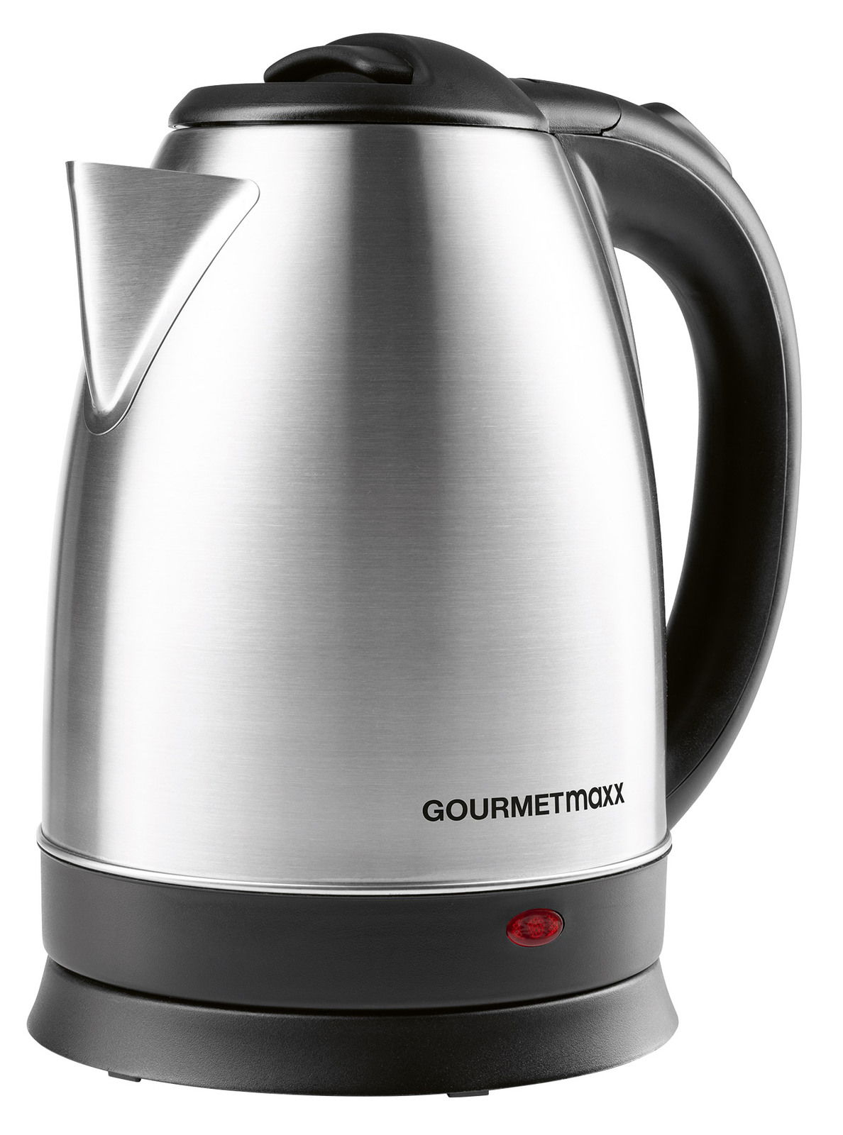 Silberner Wasserkocher mit schwarzem Griff und Ausguss, seitliche Perspektive