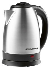 Silberner Wasserkocher mit schwarzem Griff und Ausguss, seitliche Perspektive