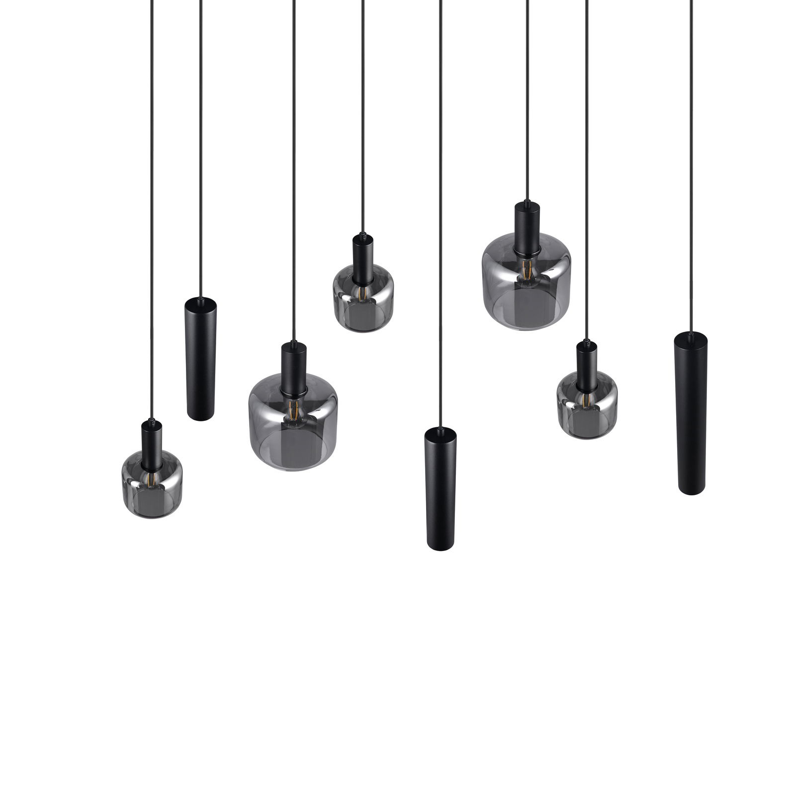 Moderne Pendelleuchte mit mehreren schwarzen und transparenten Lampenschirmen, von unten betrachtet.