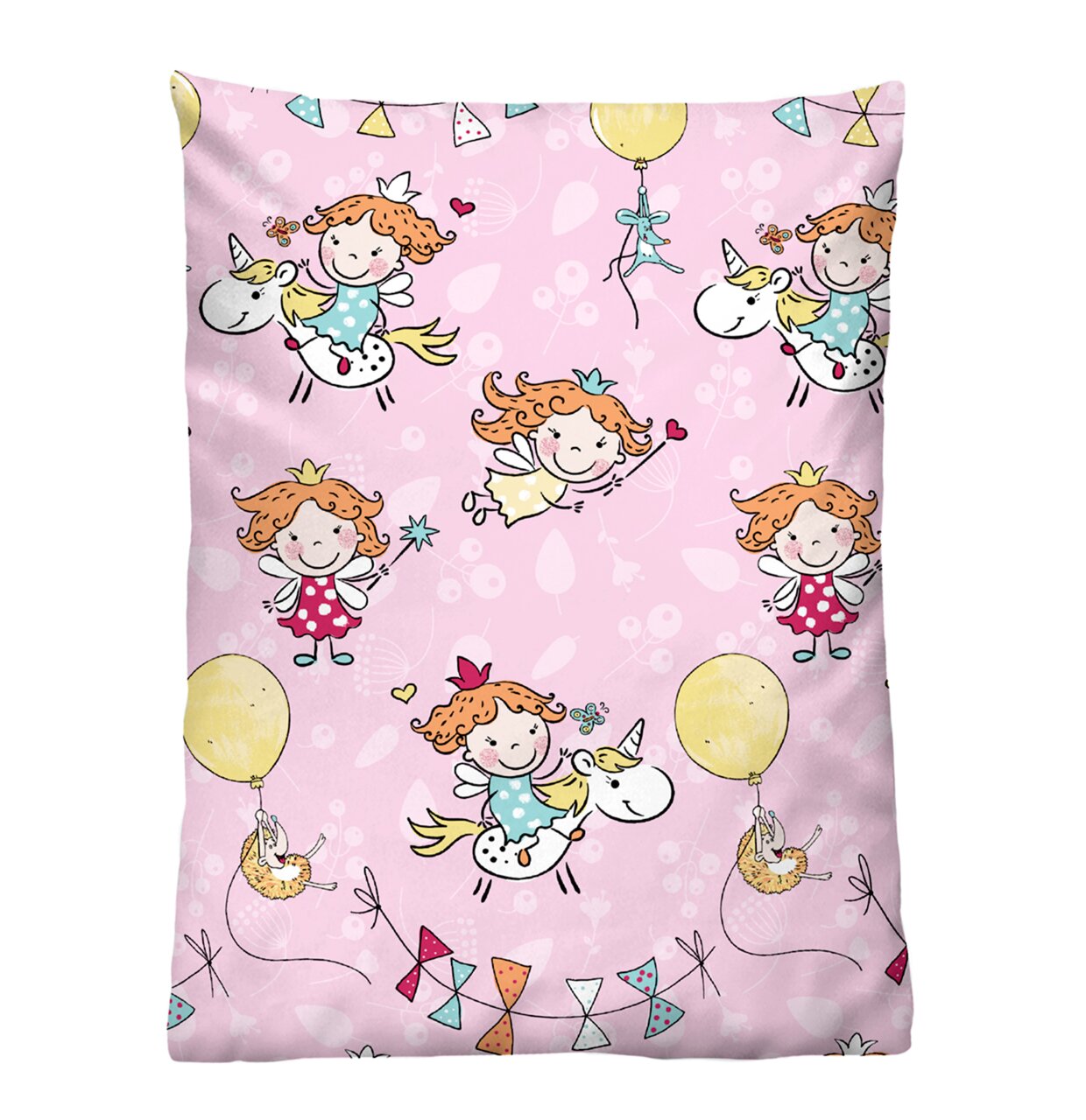 Biber Bettwäsche 100x135cm mit fröhlichem Feen- und Einhornmuster auf rosa Hintergrund, Vorderansicht