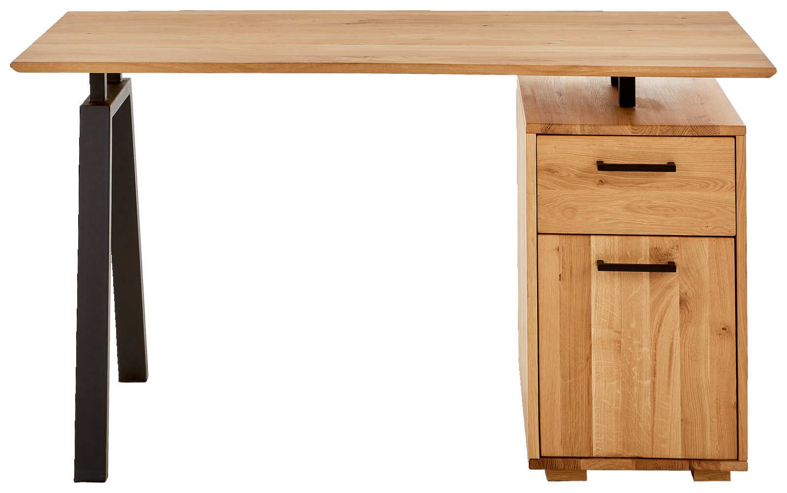 Modern houten bureau met metalen poten, vooraanzicht