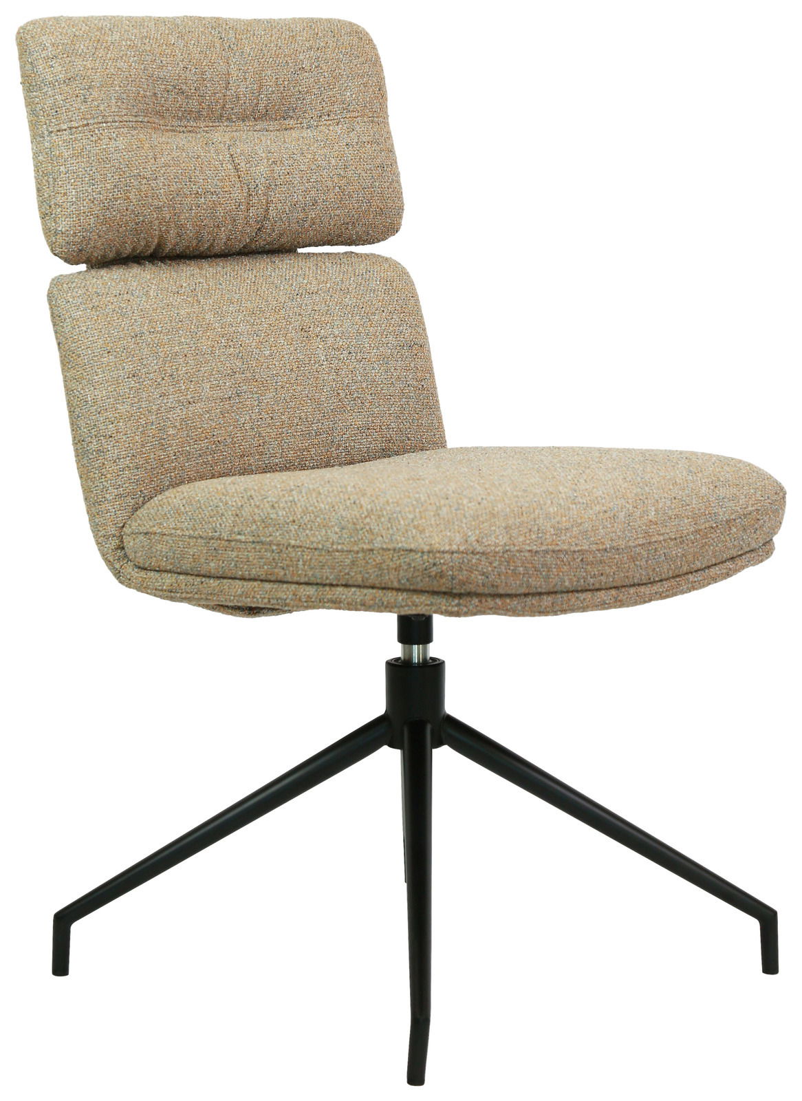 Moderner Stuhl mit gepolsterter Rückenlehne und Sitzfläche in beige, auf schwarzem Metallgestell, seitliche Perspektive.