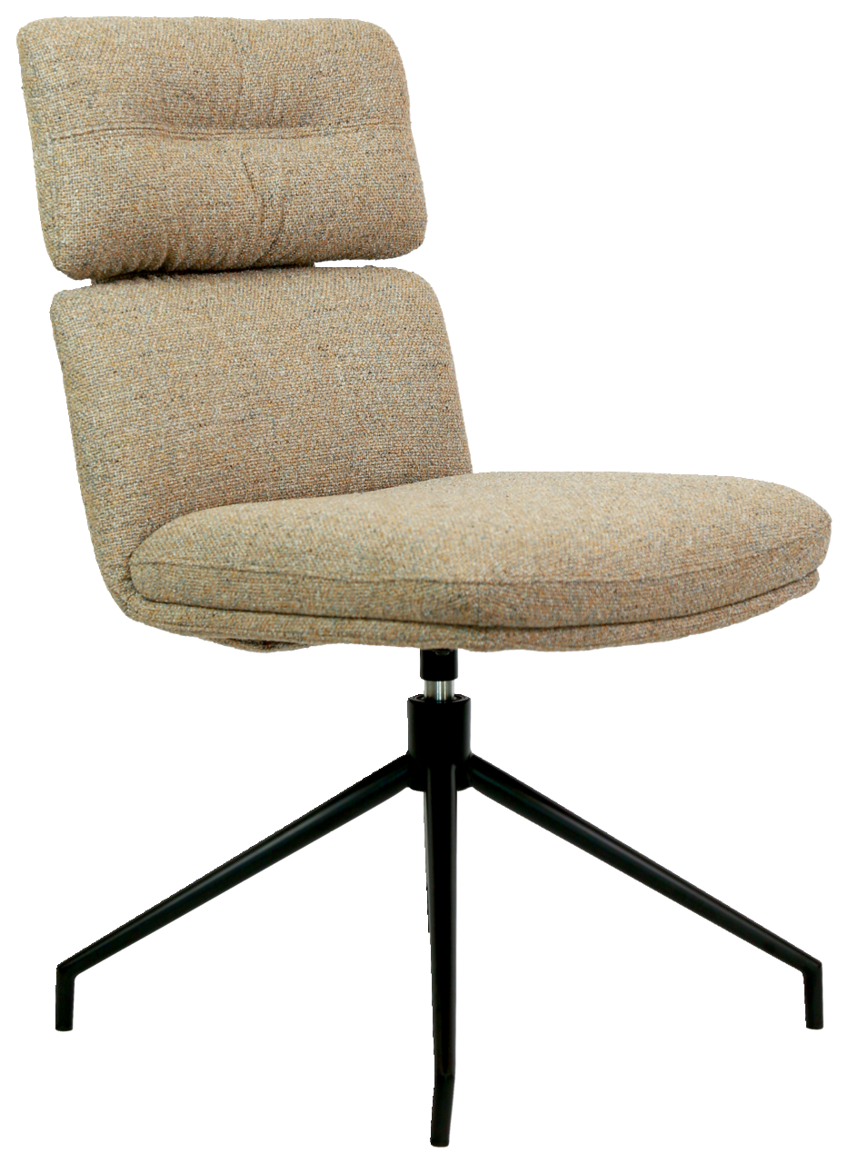 Dieter Knoll Stuhl PABLO Moderner Stuhl mit gepolsterter Rückenlehne und Sitzfläche in beige, auf schwarzem Metallgestell, seitliche Perspektive.