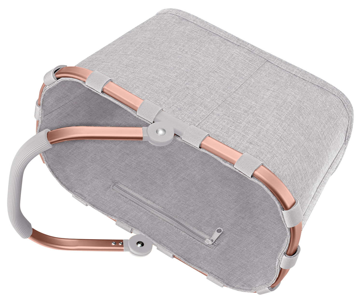 Grauer Einkaufskorb mit roségoldenem Rahmen, von oben betrachtet.