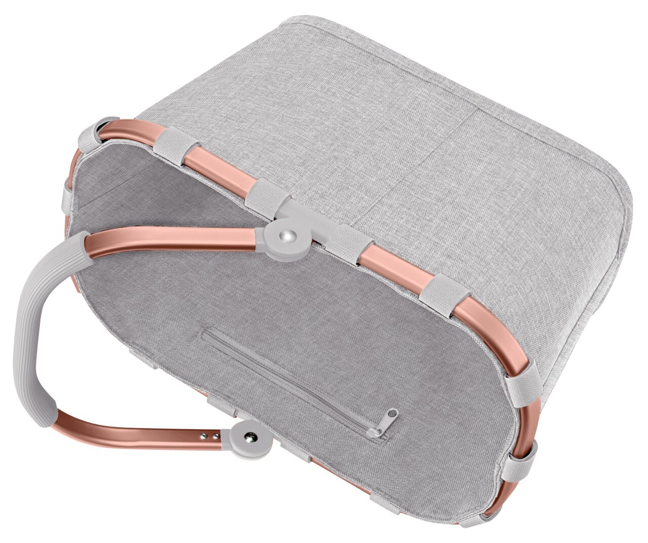 Grauer Einkaufskorb mit roségoldenem Rahmen, von oben betrachtet.