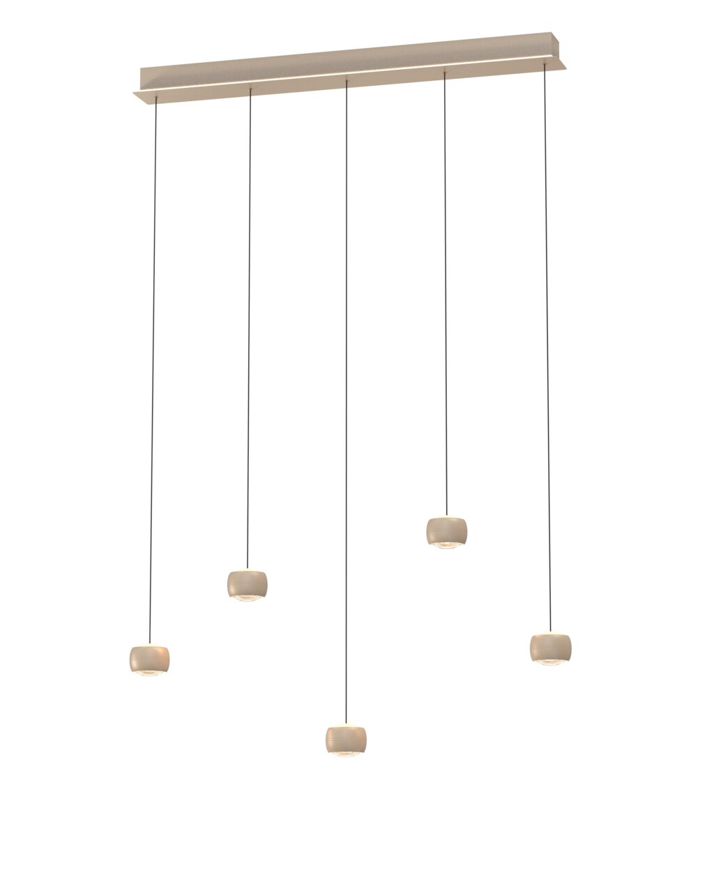 Geeti LED-Pendelleuchte QUIBERON Moderne LED-Pendelleuchte mit fünf hängenden Leuchtkörpern, seitliche Perspektive
