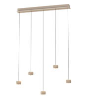Moderne LED-Pendelleuchte mit fünf hängenden Leuchtkörpern, seitliche Perspektive