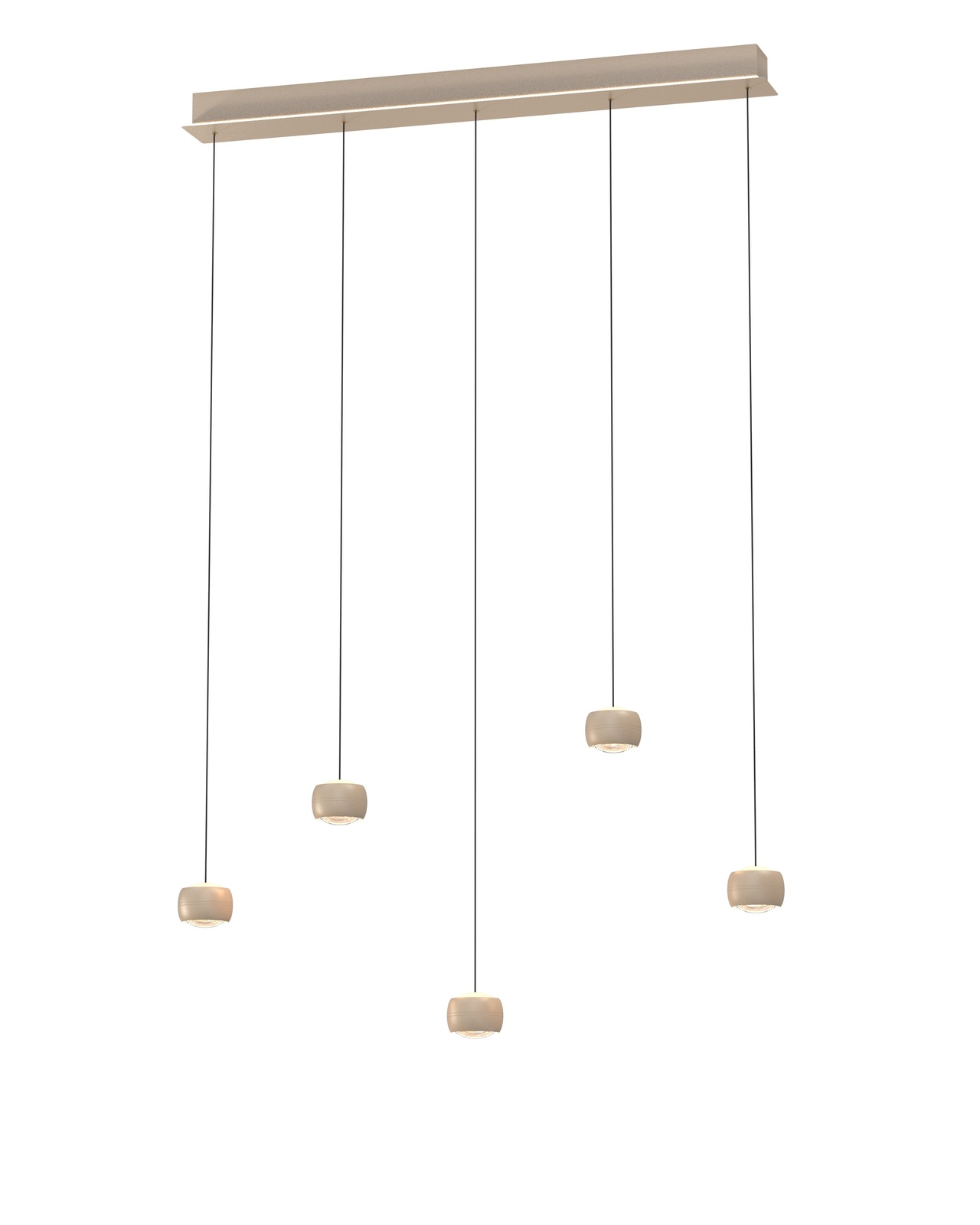 Moderne LED-Pendelleuchte mit fünf hängenden Leuchtkörpern, seitliche Perspektive