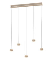 Moderne LED-Pendelleuchte mit fünf hängenden Leuchtkörpern, seitliche Perspektive