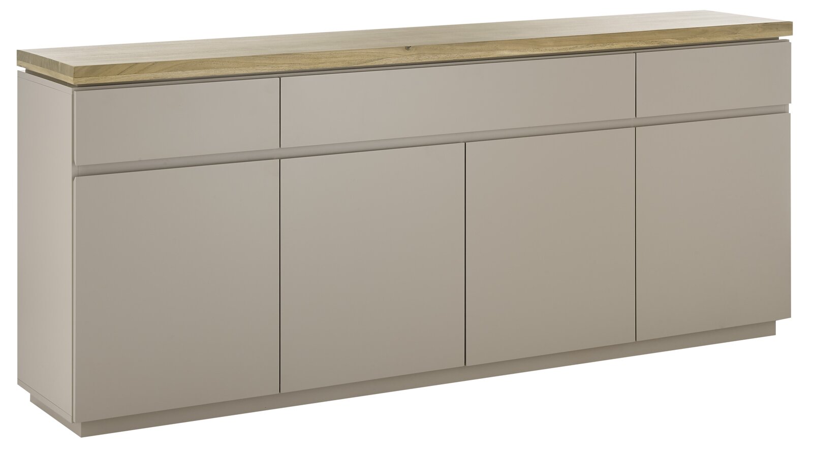 XORA XL-Sideboard PALAMOS XL-Sideboard in moderner Frontansicht mit hellem Holzdeckel und grauen Schubladen und Türen.
