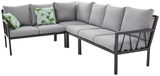 L-förmiges Lounge-Set mit grauen Kissen und grünen Zierkissen mit Blattmuster, seitliche Perspektive