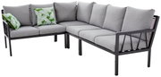 L-förmiges Lounge-Set mit grauen Kissen und grünen Zierkissen mit Blattmuster, seitliche Perspektive