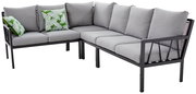L-förmiges Lounge-Set mit grauen Kissen und grünen Zierkissen mit Blattmuster, seitliche Perspektive