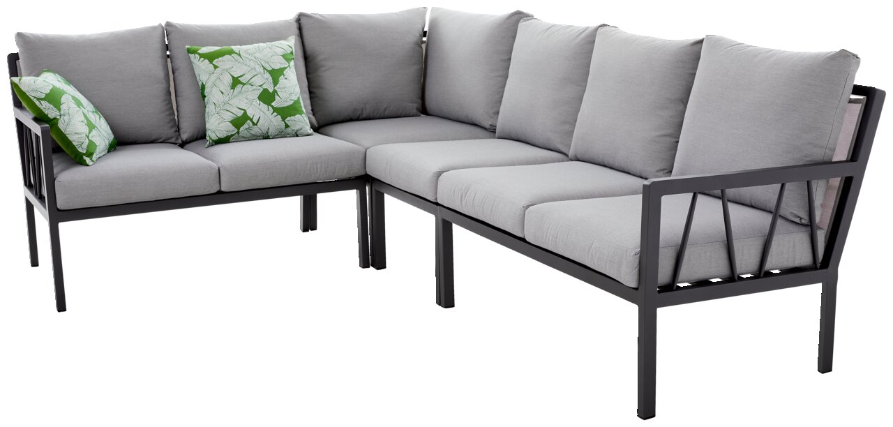 Amatio Pro Lounge-Set ZAMORA L-förmiges Lounge-Set mit grauen Kissen und grünen Zierkissen mit Blattmuster, seitliche Perspektive