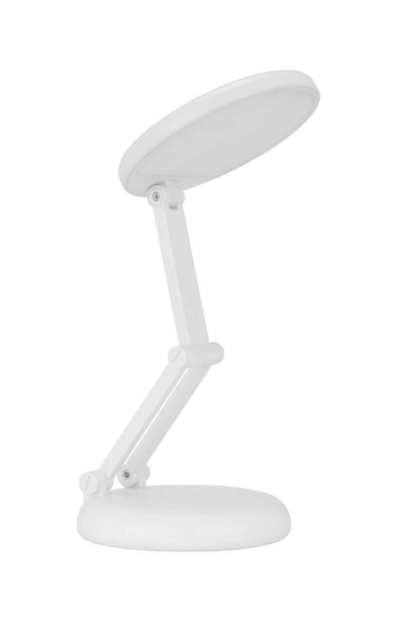 Weiße LED-Schreibtischleuchte mit verstellbarem Arm, seitliche Perspektive