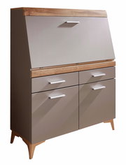 Moderner Sekretär aus Holz und Metall in seitlicher Perspektive mit Klappfach und Schubladen.