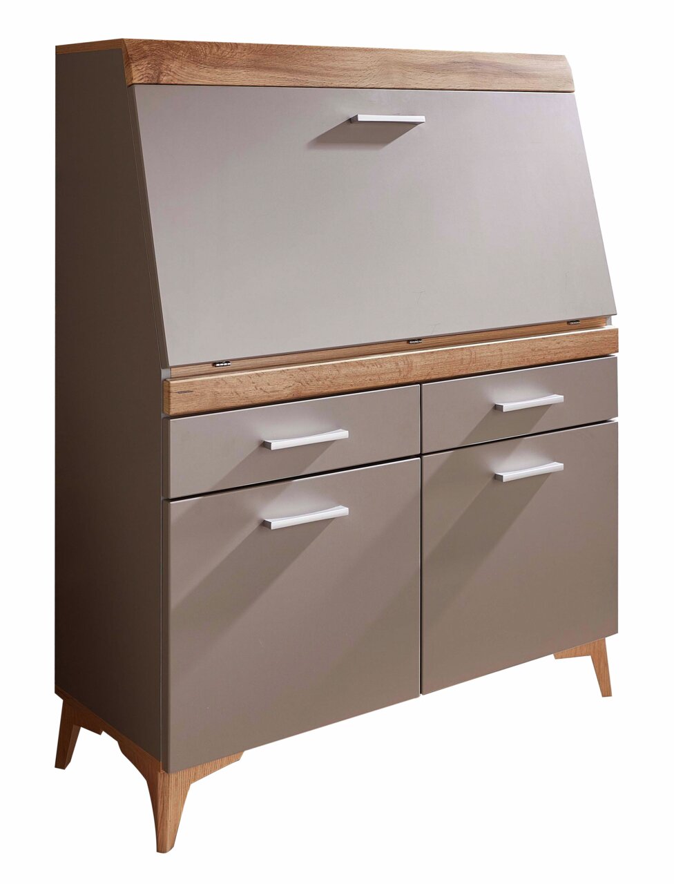 Moderner Sekretär aus Holz und Metall in seitlicher Perspektive mit Klappfach und Schubladen.